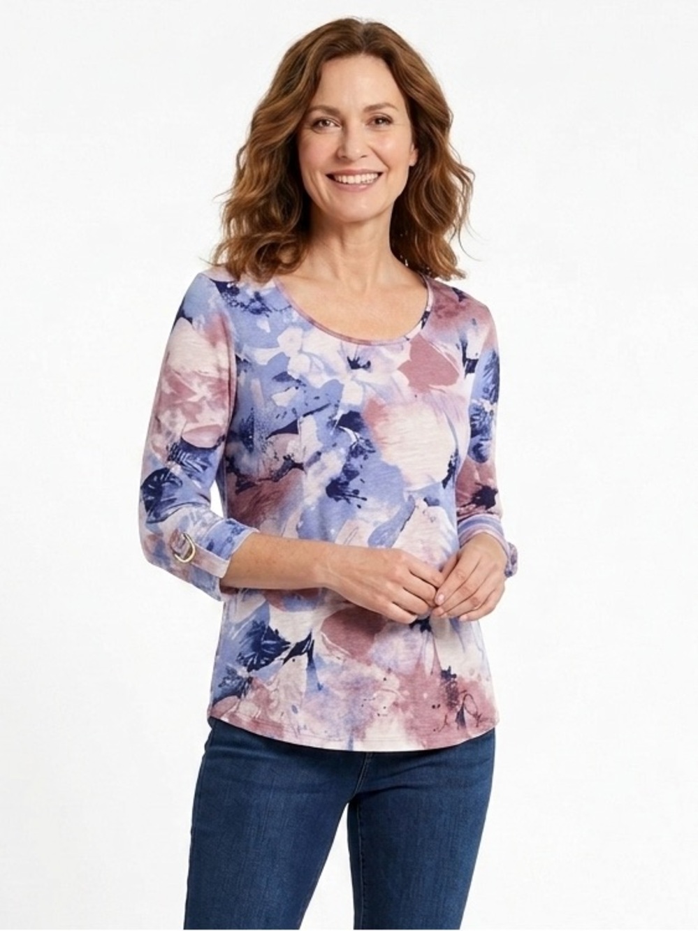 Chico’s crewneck casual top 3/4 sleeves multicolored cotton modal Large